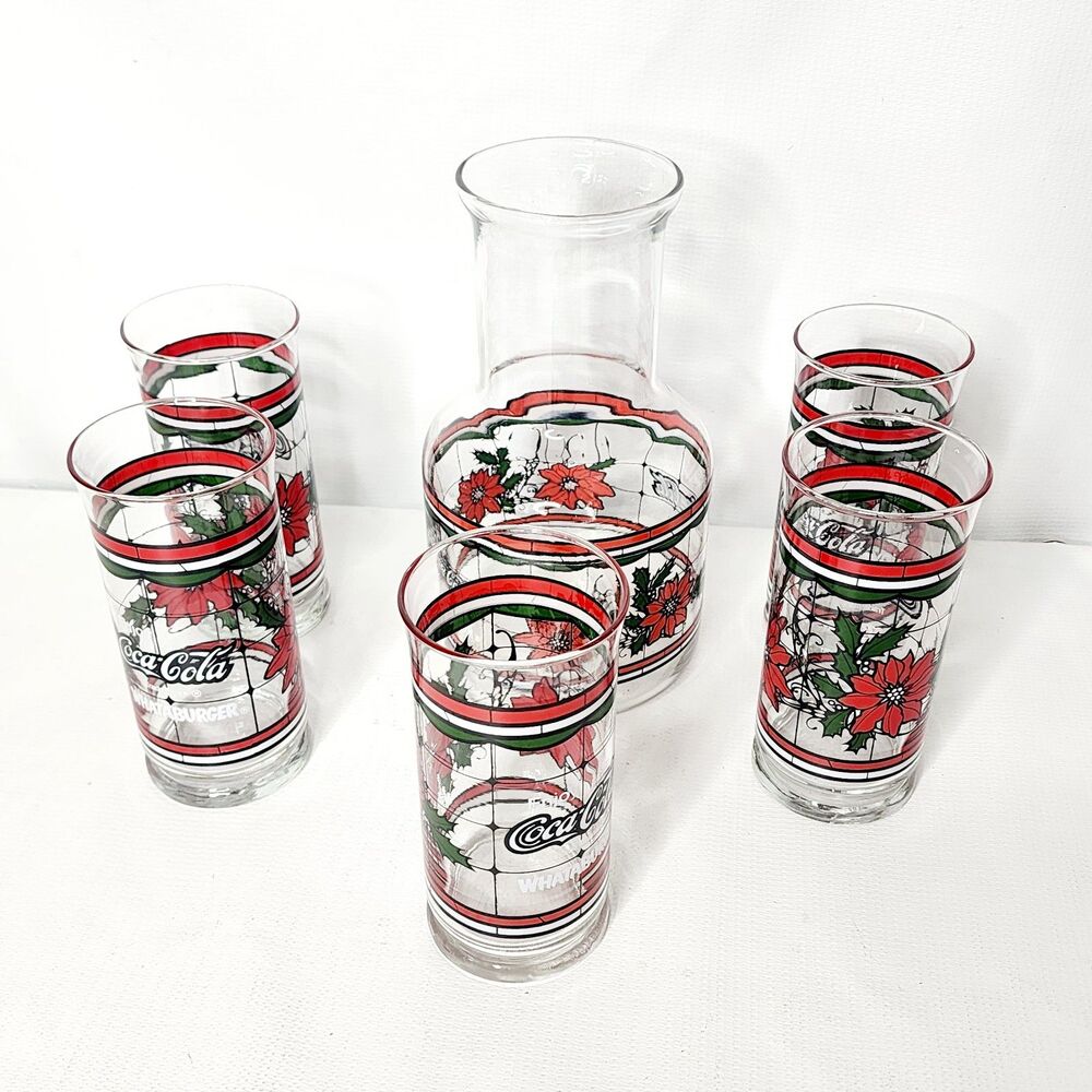 Whataburger Vintage Coca Cola Christmas Poinsettia 5 Glasses & Carafe